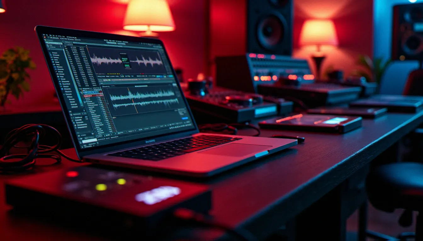 Cabine DJ en studio d'enregistrement professionnel avec MacBook affichant Traktor Pro et disque dur externe pour la gestion de la bibliothèque musicale