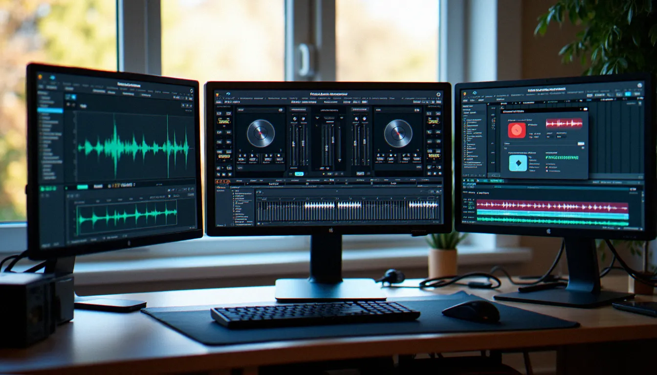 Comparaison visuelle de trois types de logiciels audio sur écrans d'ordinateur, illustrant les différences entre freeware, logiciel libre et logiciel commercial