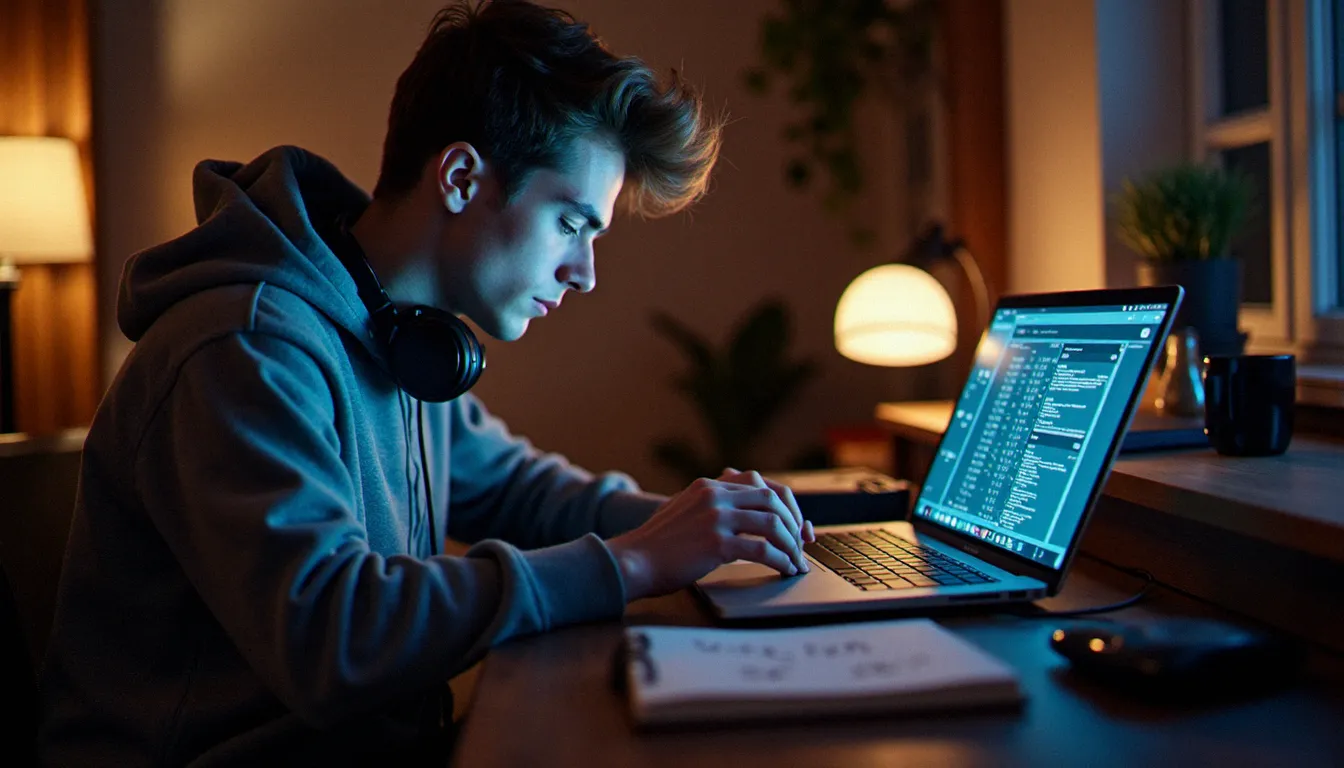 Un jeune DJ testant un contrôleur MIDI connecté à un ordinateur avec un freeware de mixage, prenant des notes sur son apprentissage