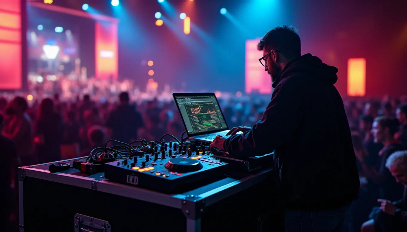 DJ professionnel configurant son logiciel de mix dans les coulisses d'un festival international, illustrant l'importance de l'internationalisation des logiciels DJ pour les tournées mondiales