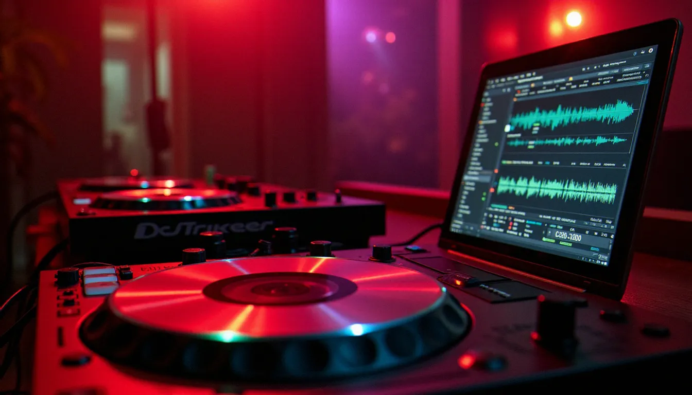 Gros plan sur un Pioneer CDJ-1000 et un ordinateur portable affichant une interface de logiciel DJ Traktor, sur une régie de club en 2003