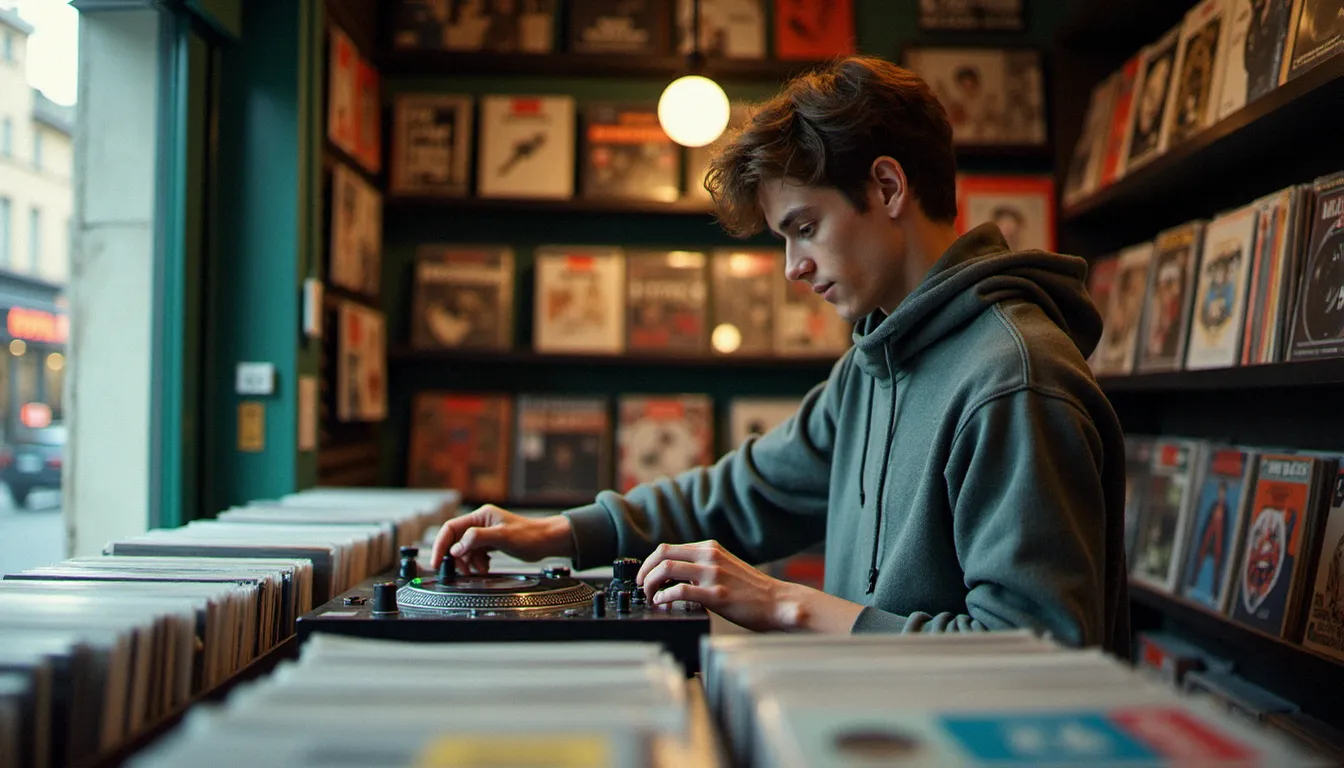 Jeune DJ en train de sélectionner des vinyles de musique électronique dans un disquaire lyonnais en juillet 2003, entouré de bacs d'imports allemands et britanniques