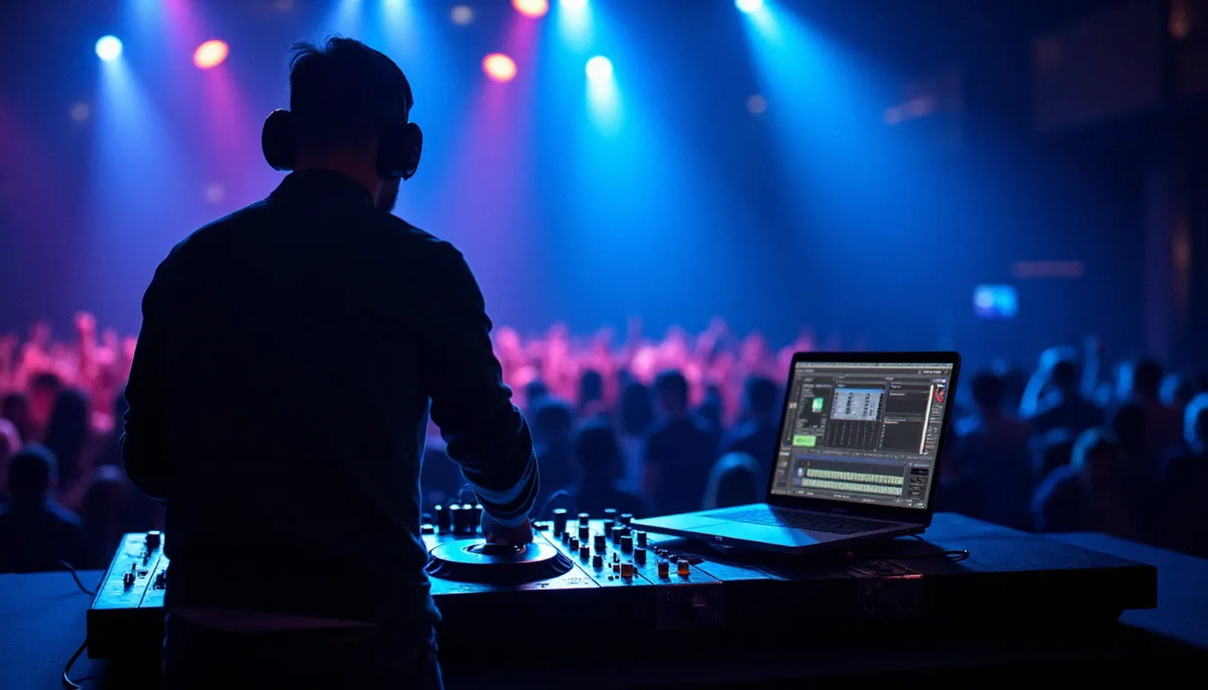 DJ en performance live avec matériel Pioneer et logiciel sous licence propriétaire sur scène