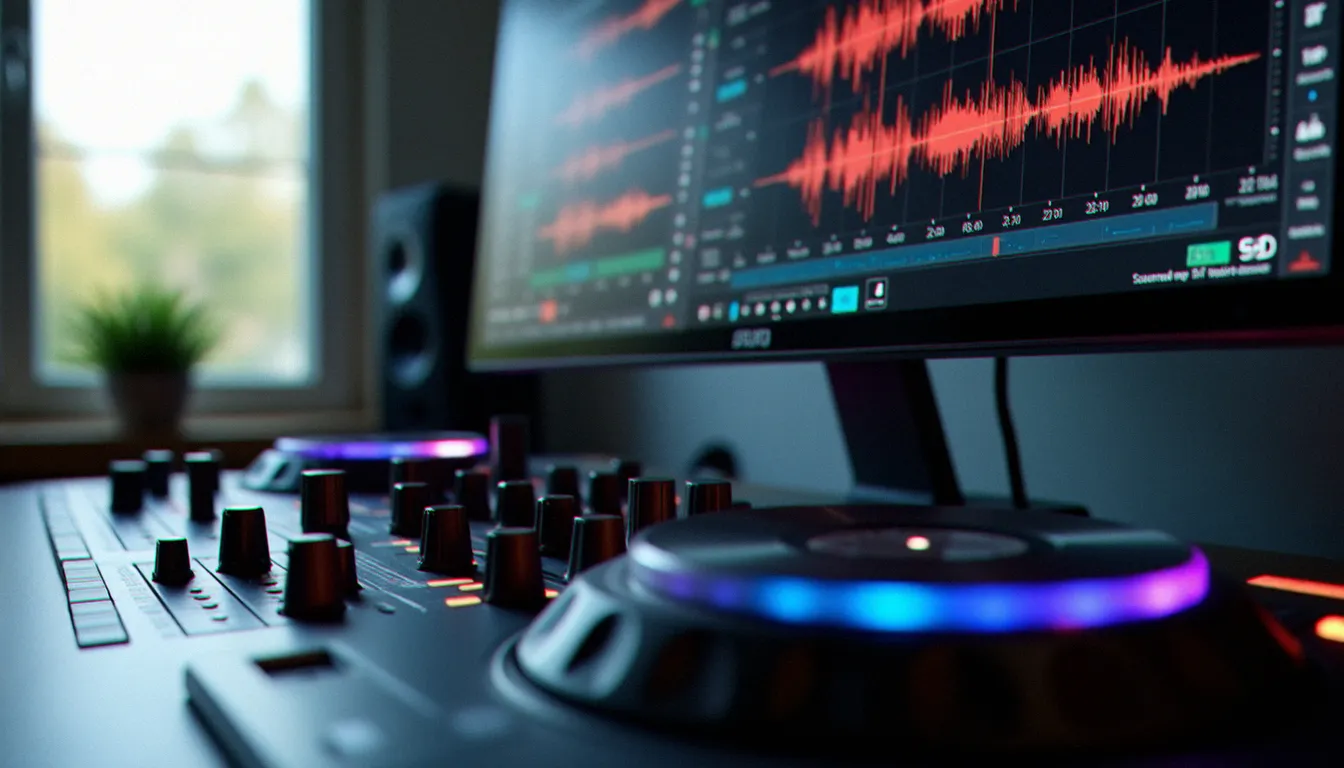 Interface d'un logiciel DJ affichant deux decks avec formes d'ondes, grille rythmique et contrôles de mixage sur écran d'ordinateur