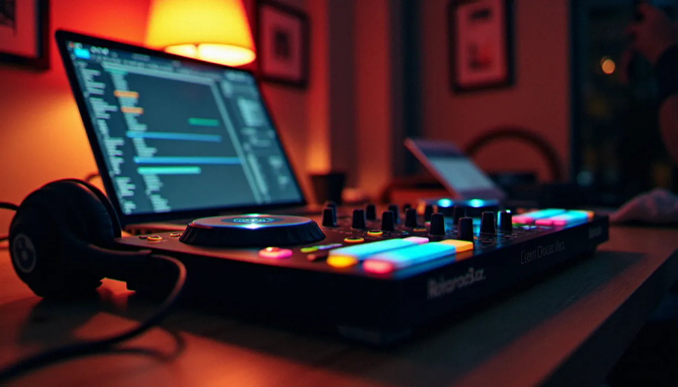 Contrôleur DJ avec ordinateur portable affichant un logiciel de mixage et clé USB sur bureau de home studio, casque posé à côté