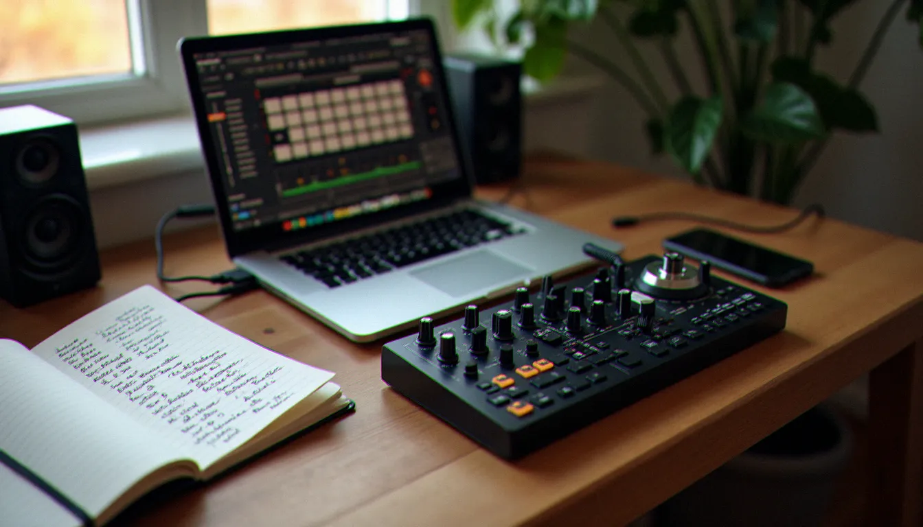 Configuration débutant avec contrôleur MIDI connecté à un ordinateur portant un logiciel DJ gratuit