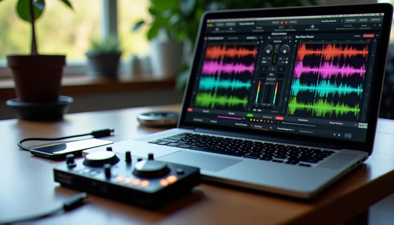 Vue aérienne d'un MacBook connecté à un contrôleur MIDI DJ avec un logiciel gratuit affiché à l'écran