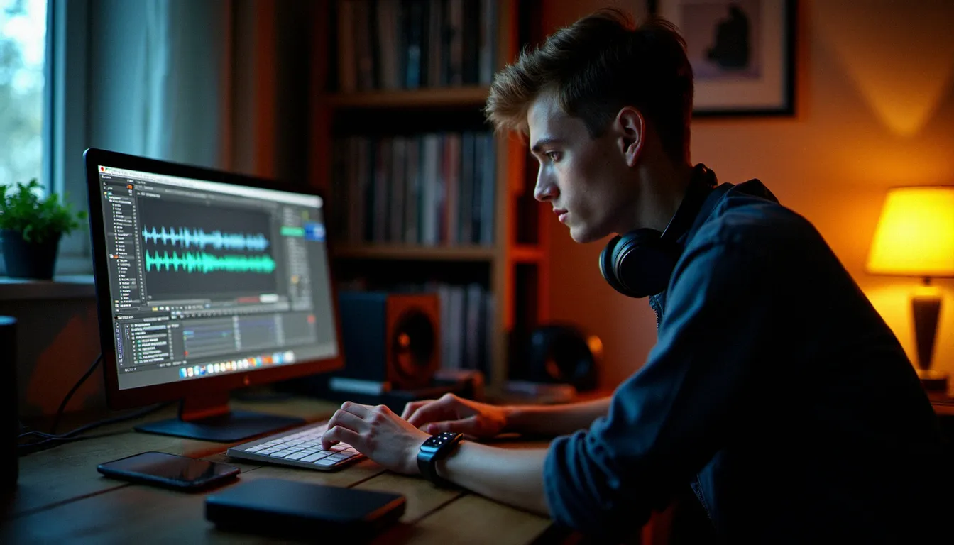 Un DJ utilisant un logiciel DJ Mac gratuit sur MacBook Pro dans un home studio, avec des vinyles en arrière-plan