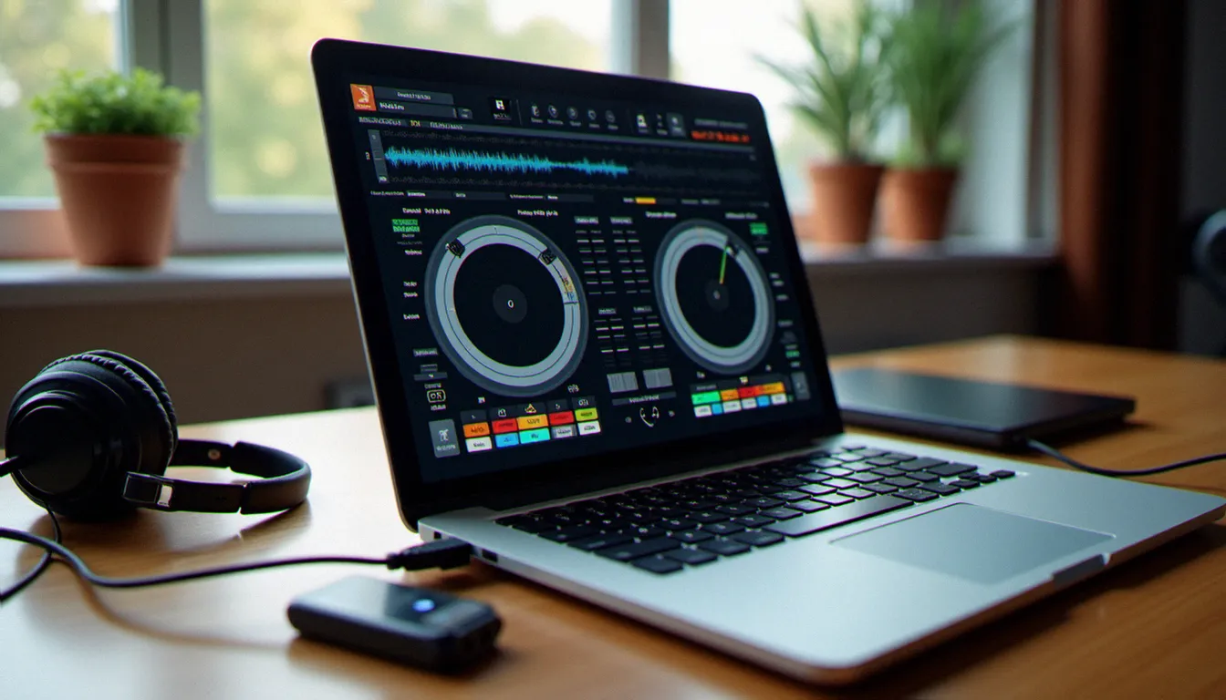 Interface du logiciel DJ gratuit Mixxx sur Windows avec platines virtuelles et analyseur de BPM visible sur écran d'ordinateur portable