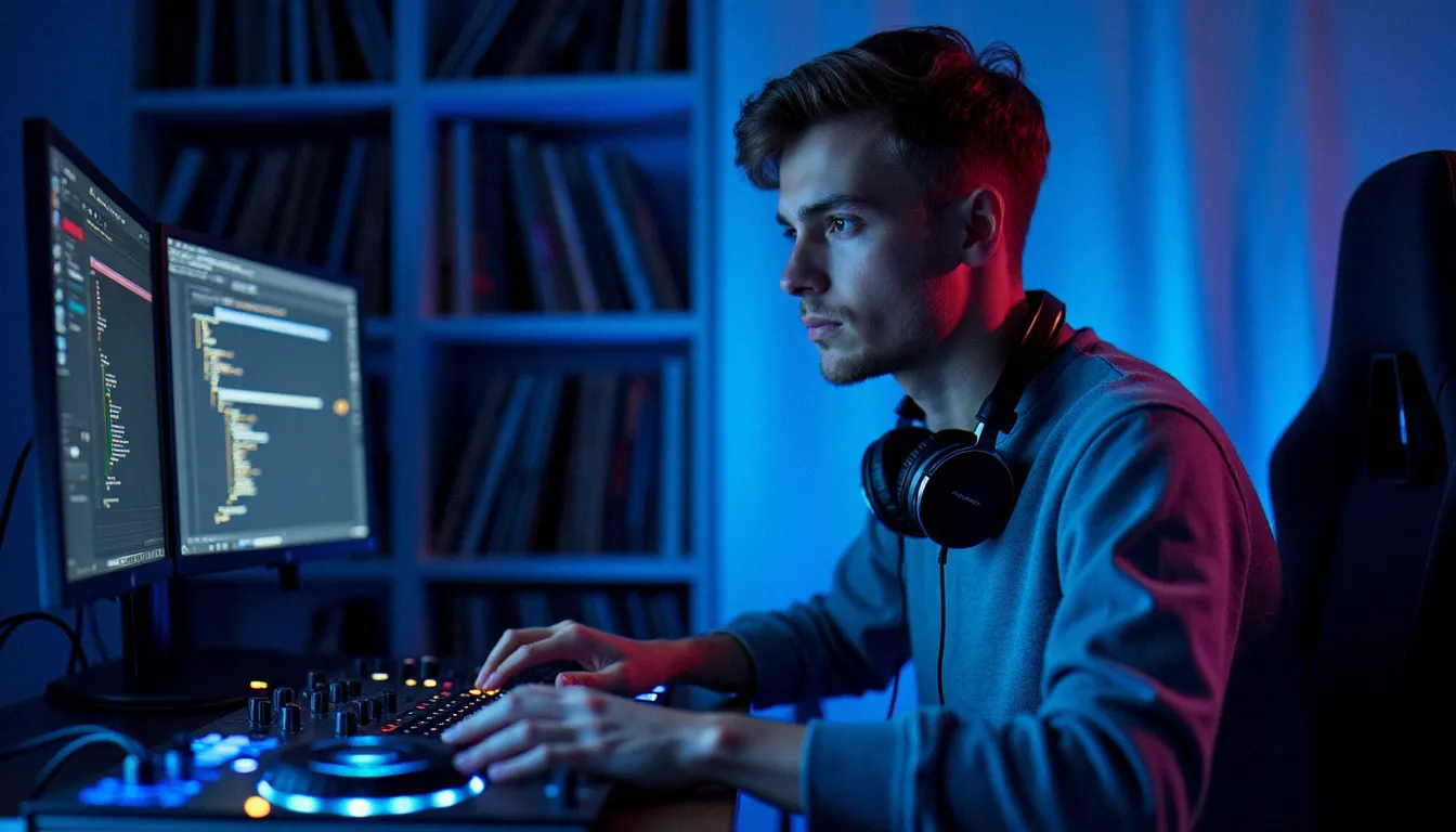 DJ utilisant un logiciel DJ Windows gratuit sur ordinateur de bureau dans un studio home studio avec vinyles et casque Pioneer