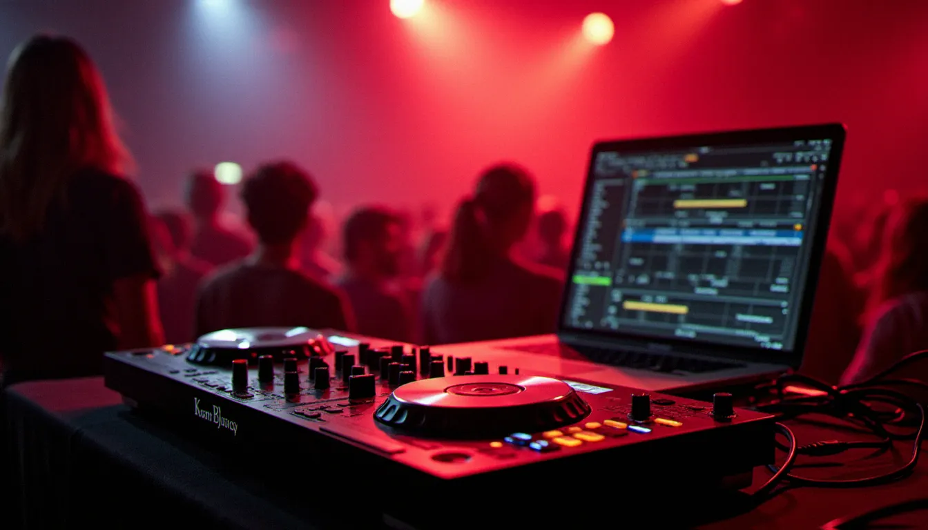 Deux contrôleurs DJ professionnels côte à côte sur une régie de club, illustrant le choix entre différents écosystèmes de logiciels propriétaires pour DJ