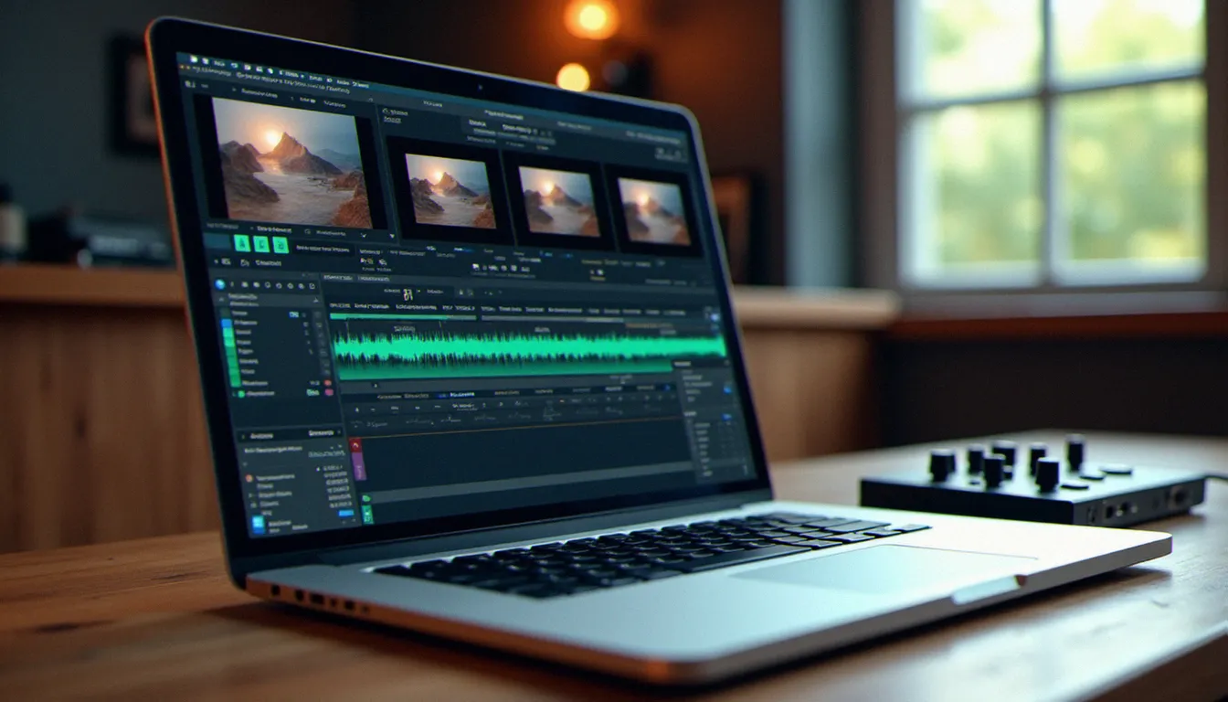 Interface d'un logiciel vidéo sur écran d'ordinateur avec couches de clips vidéo et contrôleur MIDI posé sur un bureau