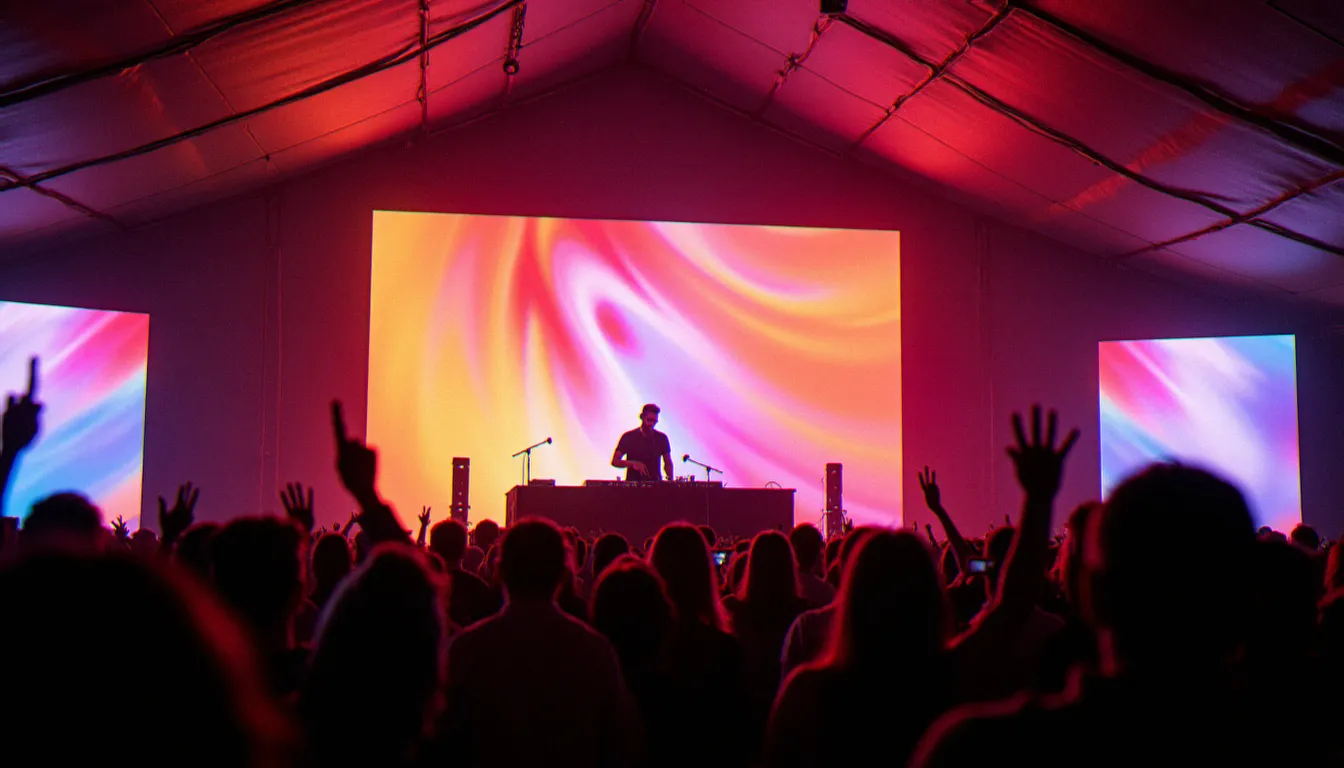 DJ en festival avec projections vidéo immersives sur les écrans de scène et public levant les mains devant les visuels colorés