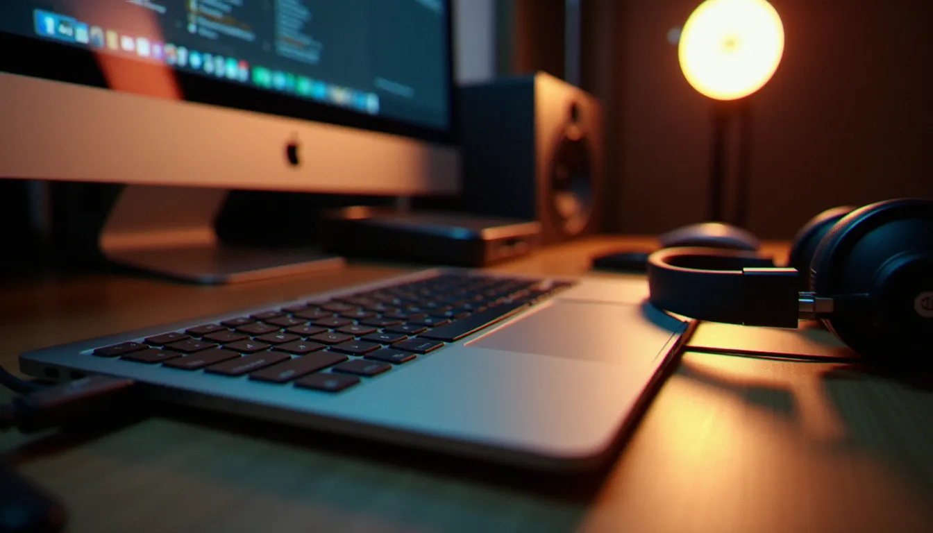 MacBook Pro sur un bureau de studio d'enregistrement avec une interface audio branchée en USB-C et un casque de monitoring posé à côté, illustrant la connexion d'un Macintosh à du matériel audio professionnel