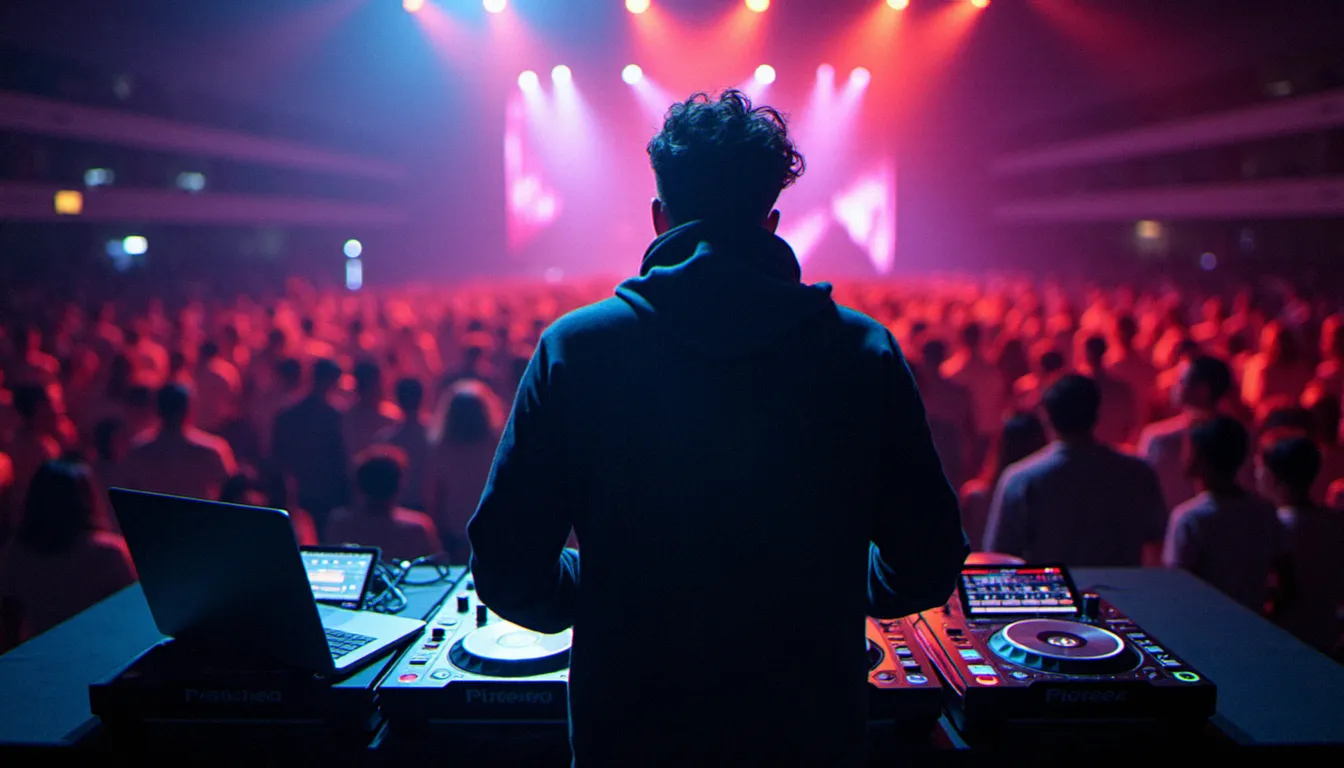 DJ en performance live sur scène avec un MacBook Pro ouvert aux côtés de platines CDJ-3000, public en arrière-plan dans une atmosphère de club avec lumières colorées et fumée de scène