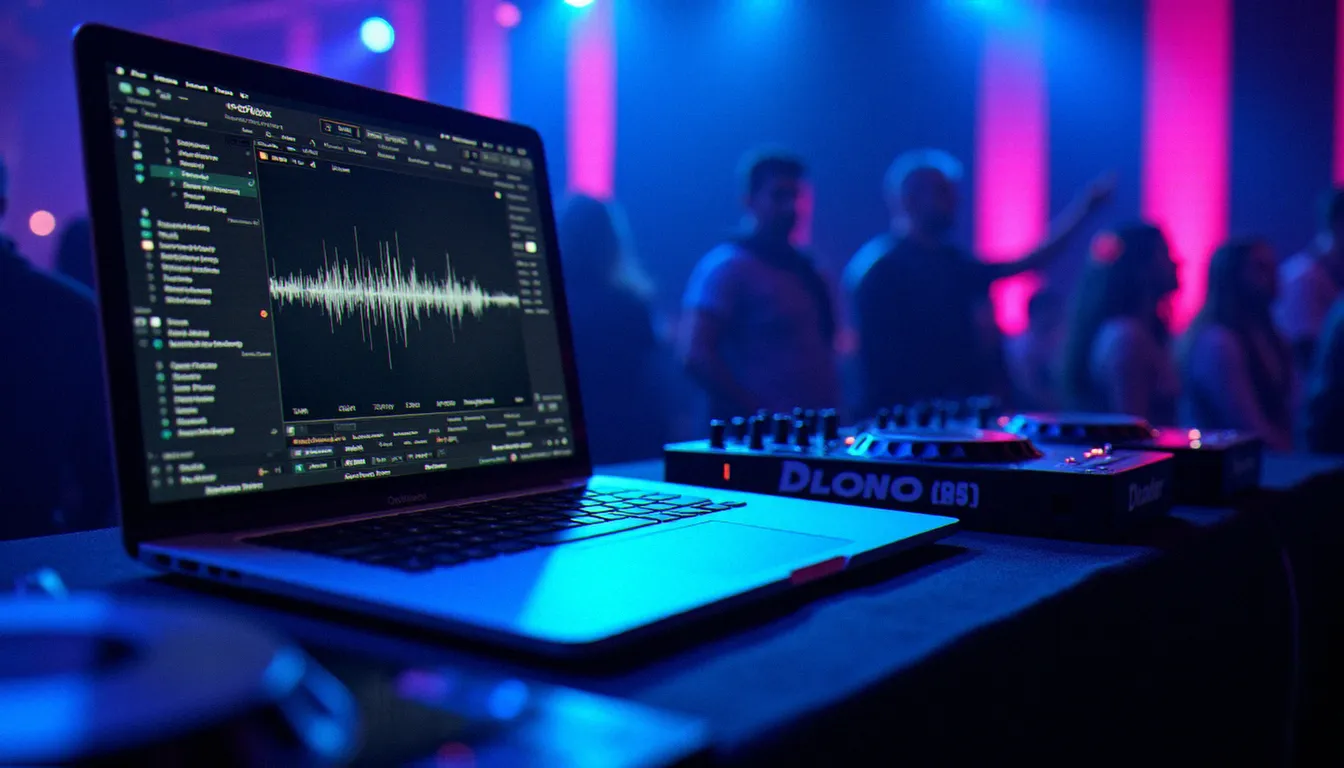 MacBook Pro ouvert sur un booth DJ en club, affichant une interface de logiciel DJ avec des formes d'onde, éclairage scénique bleu et violet, illustrant l'usage du Macintosh en situation live