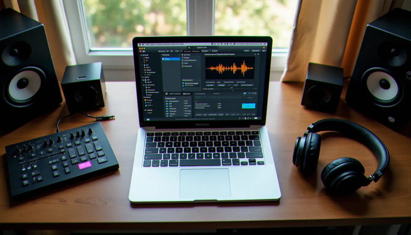 Bureau de home studio avec MacBook Pro affichant les réglages audio macOS, interface audio et casque studio