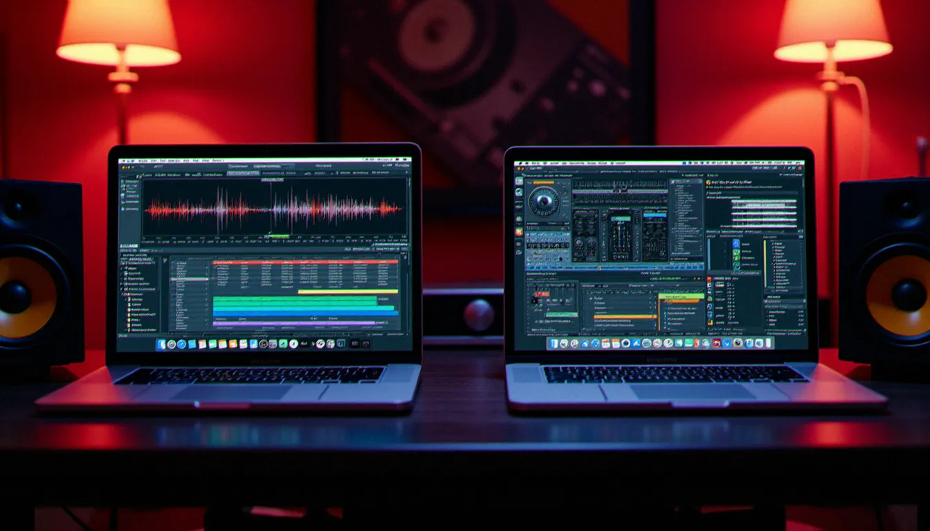 Comparaison côte à côte d'un Mac sous macOS avec Traktor Pro et d'un PC Windows avec Serato DJ sur un bureau de studio