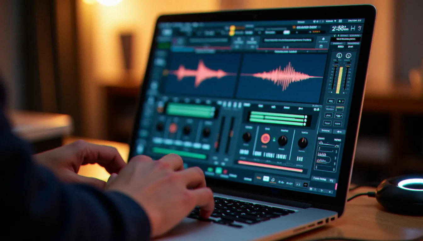 Interface d'un logiciel DJ gratuit affichée sur un écran d'ordinateur portable avec deux platines virtuelles et des formes d'onde audio