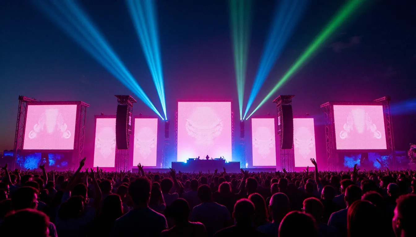 Grande scène de festival en plein air à miami de nuit, foule immense sous des lasers colorés avec le DJ en hauteur