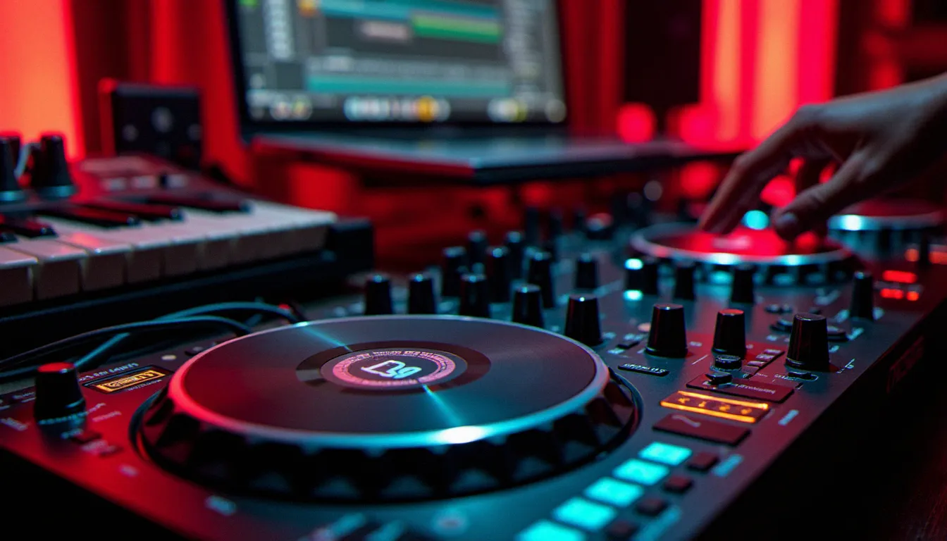 Station de travail DJ en studio avec une Roland TR-808 et Ableton Live, setup professionnel pour produire le son miami bass