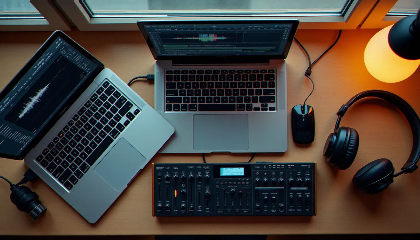 Vue de dessus d'un setup DJ complet avec interface audio ASIO et laptop Windows sur un bureau de studio professionnel