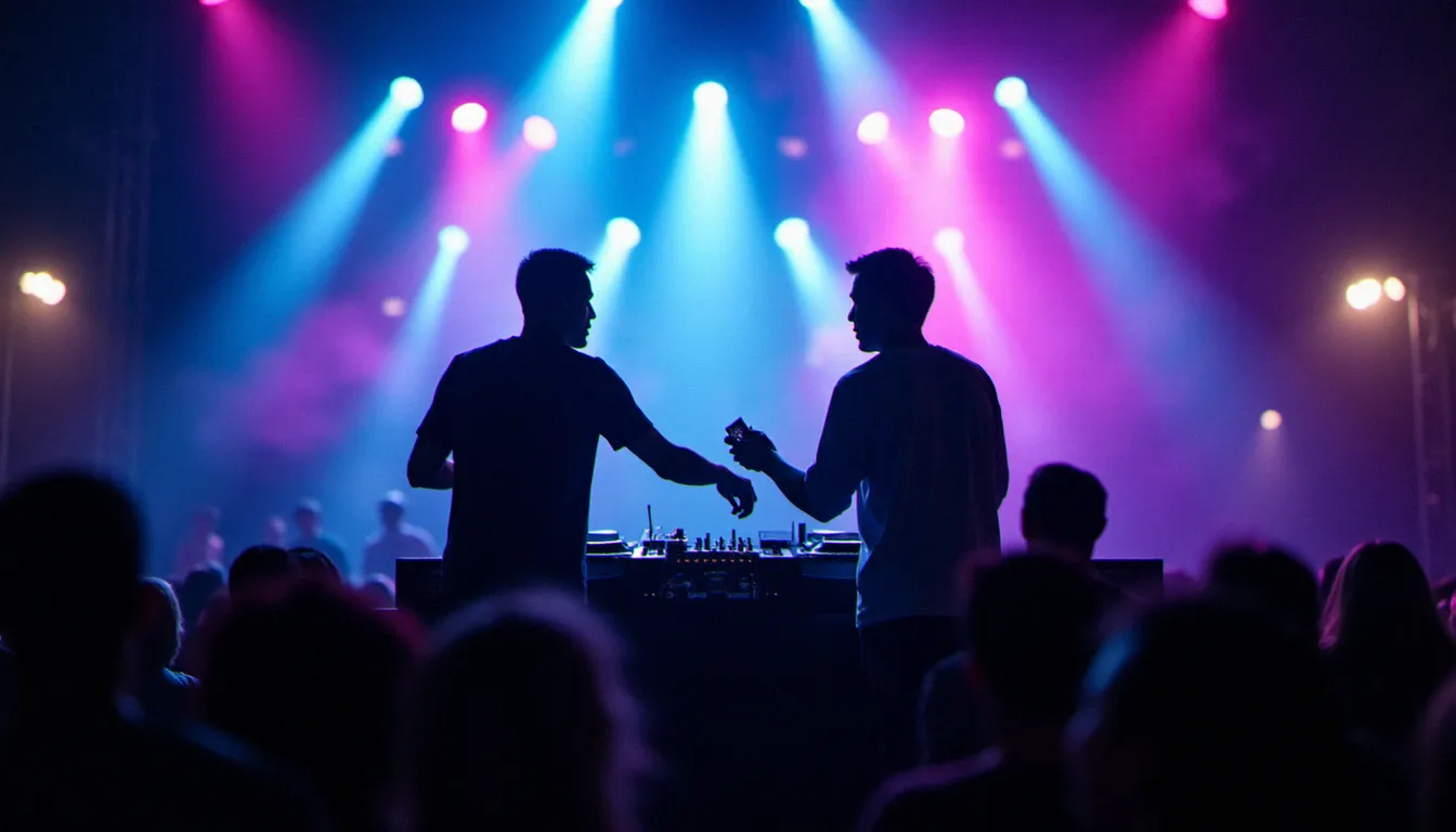 Deux DJs en back-to-back lors d'un festival international s'échangeant une clé USB de bibliothèque musicale multilingue sous les lumières de scène