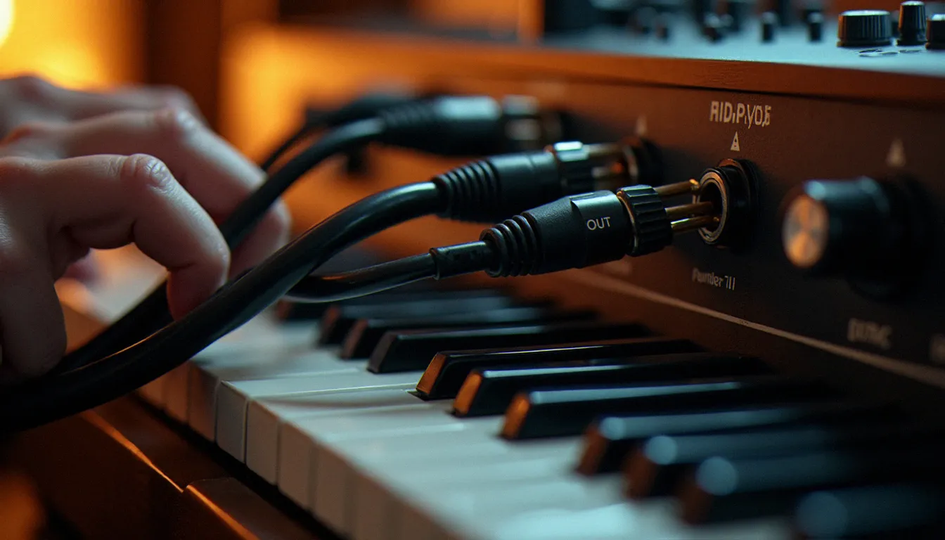 Câbles MIDI DIN 5 broches connectés aux ports MIDI IN et MIDI OUT d'un synthétiseur analogique vintage dans un studio de musique