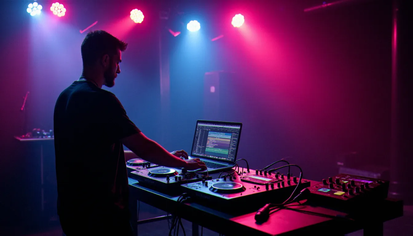 Musicien électronique sur scène en club avec un setup hybride MIDI incluant laptop, boîte à rythmes et câbles MIDI, illustration du musical instrument digital interface en performance live