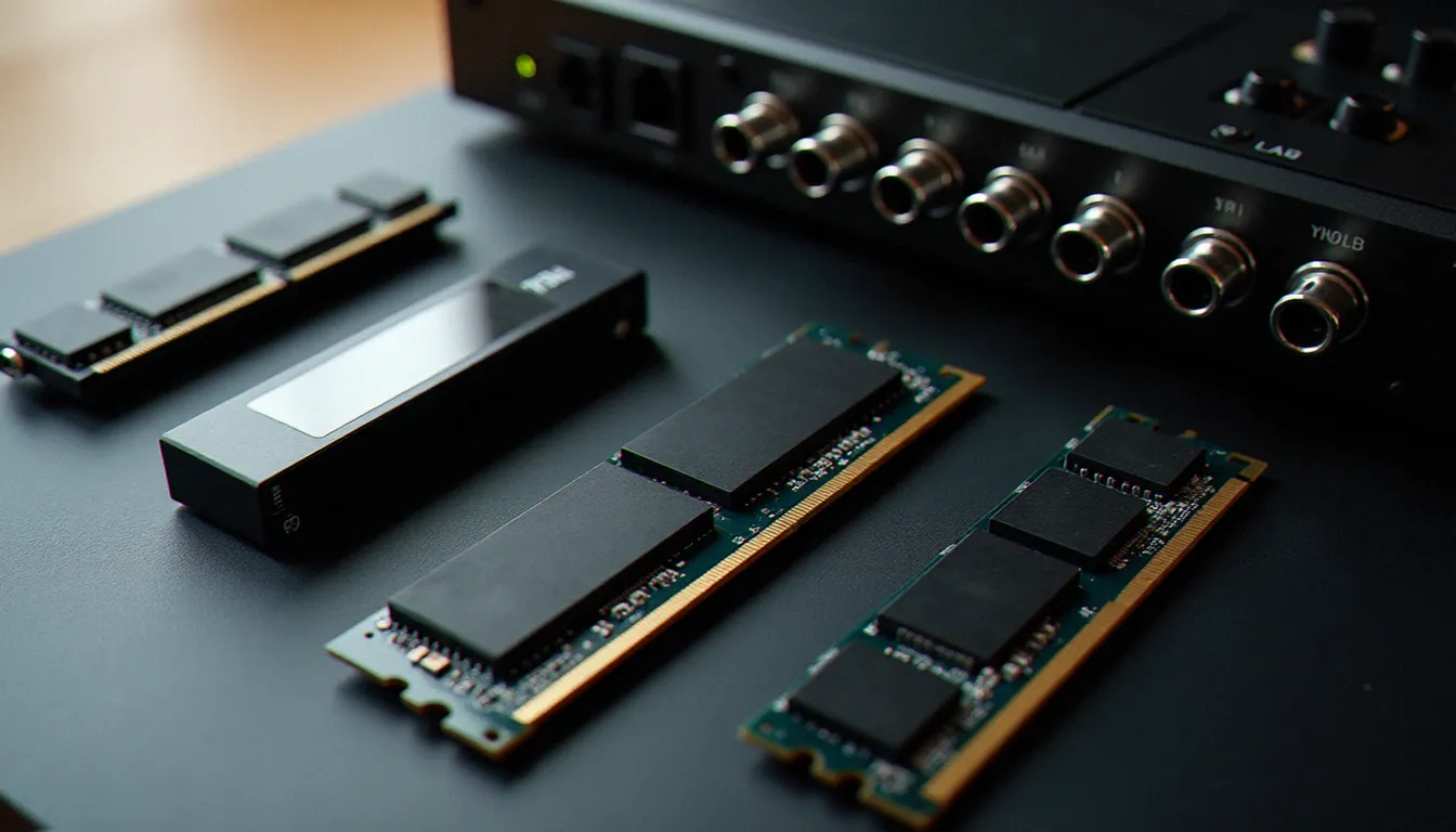 Composants d'une plateforme informatique audio performante : SSD NVMe, barrettes RAM et interface audio externe pour DJ