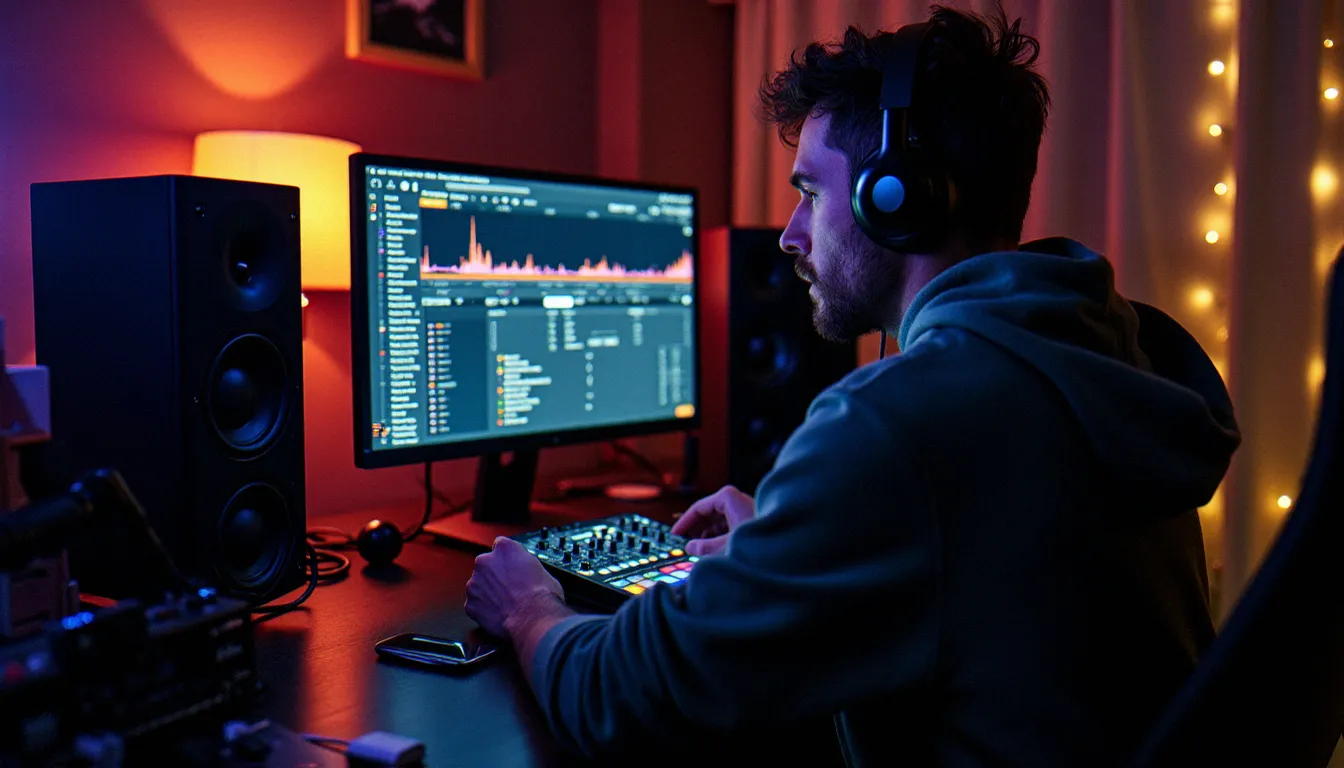 Producteur DJ optimisant les réglages de latence audio de sa plateforme informatique en studio la nuit