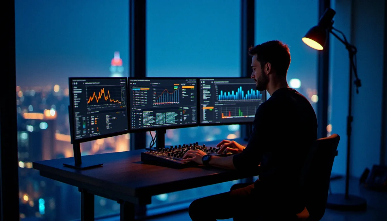DJ travaillant de nuit sur l'optimisation SEO de son site web, entouré d'écrans affichant des tableaux de bord analytiques, lumières de la ville en arrière-plan