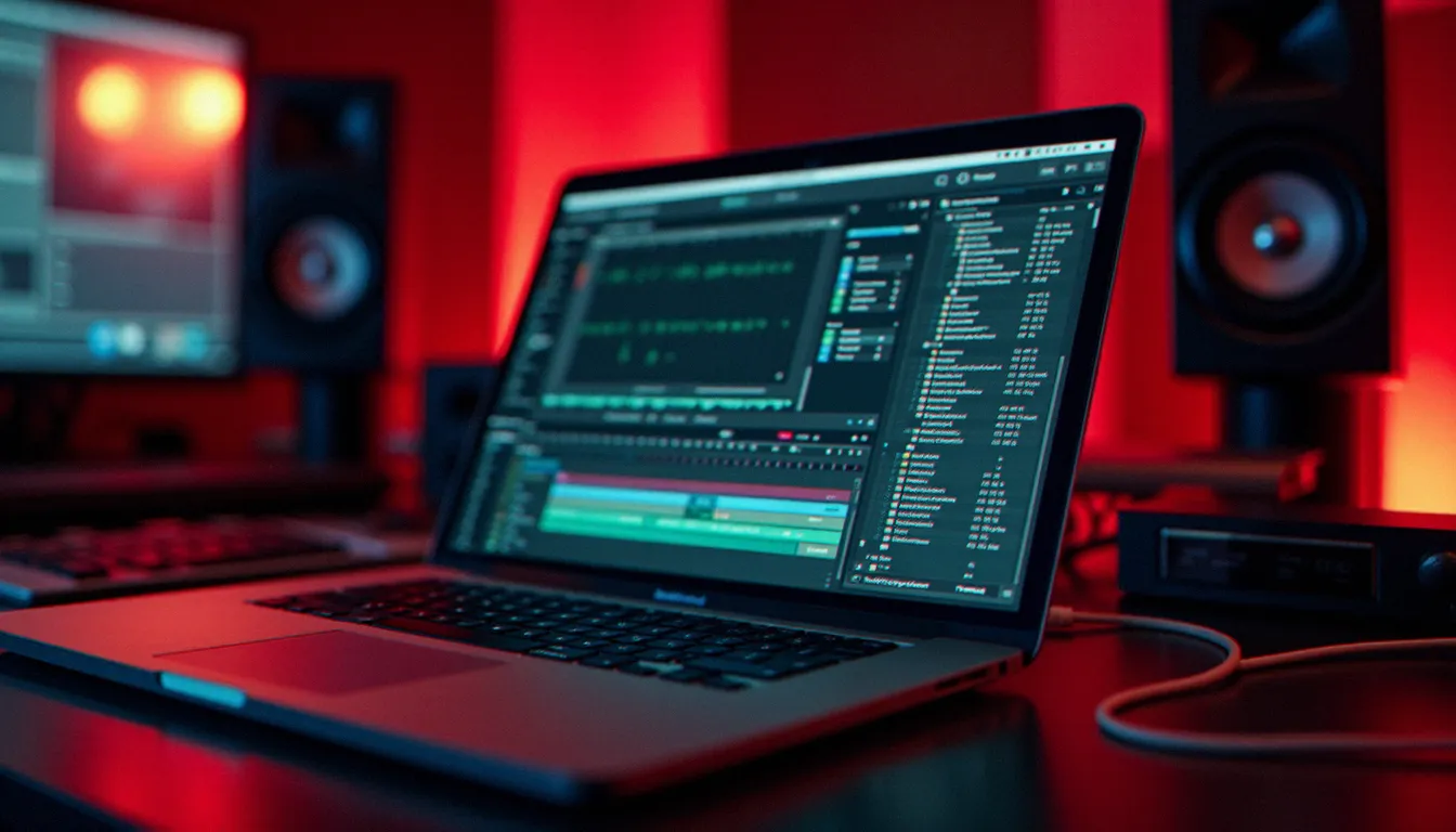 MacBook Pro sous macOS avec un logiciel de DJ et de production musicale ouvert sur le bureau, illustration du système d'exploitation Apple en contexte créatif