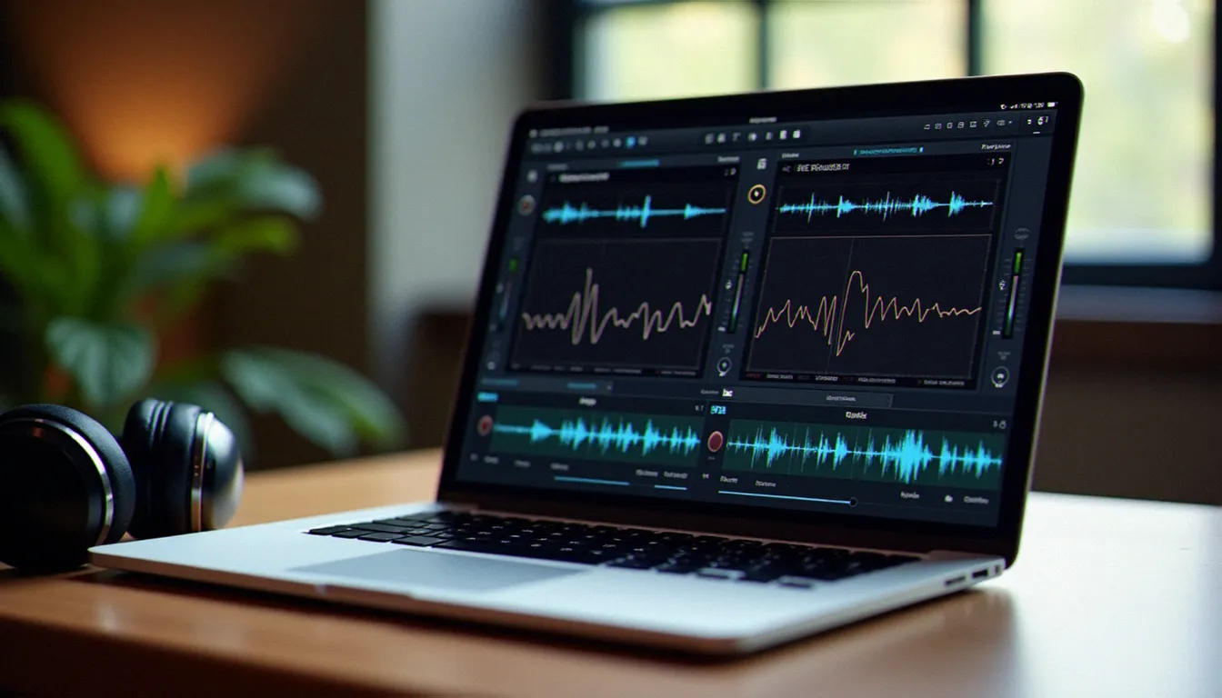 Écran d'ordinateur affichant une interface de logiciel DJ open source avec double waveform et analyse BPM, posé sur un bureau de studio en bois