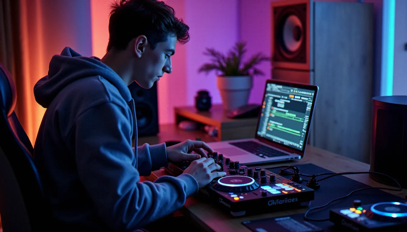 Jeune DJ comparant deux configurations de contrôleurs DJ dans un home studio, avec un logiciel gratuit ouvert sur ordinateur, éclairage LED ambiant en arrière-plan