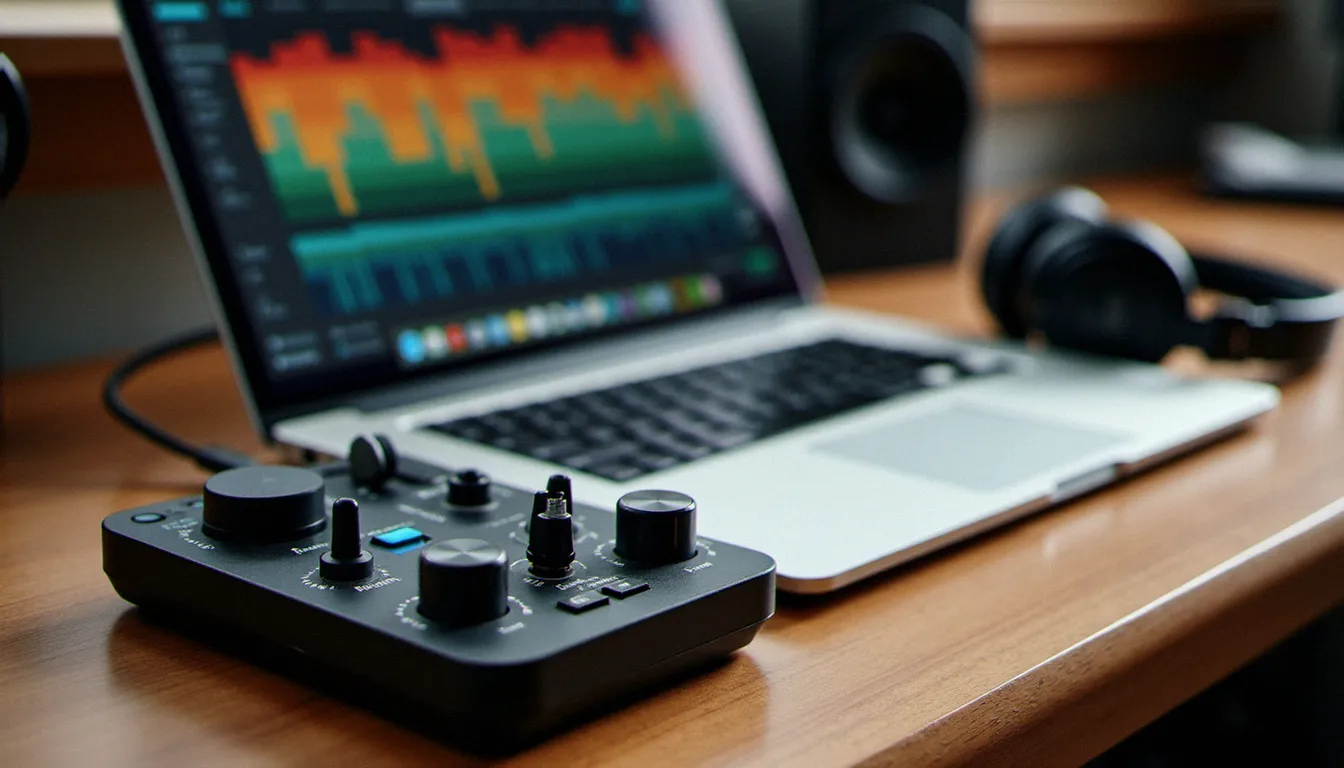 Vue rapprochée d'un contrôleur DJ MIDI connecté à un ordinateur portable affichant une application de mixage gratuite