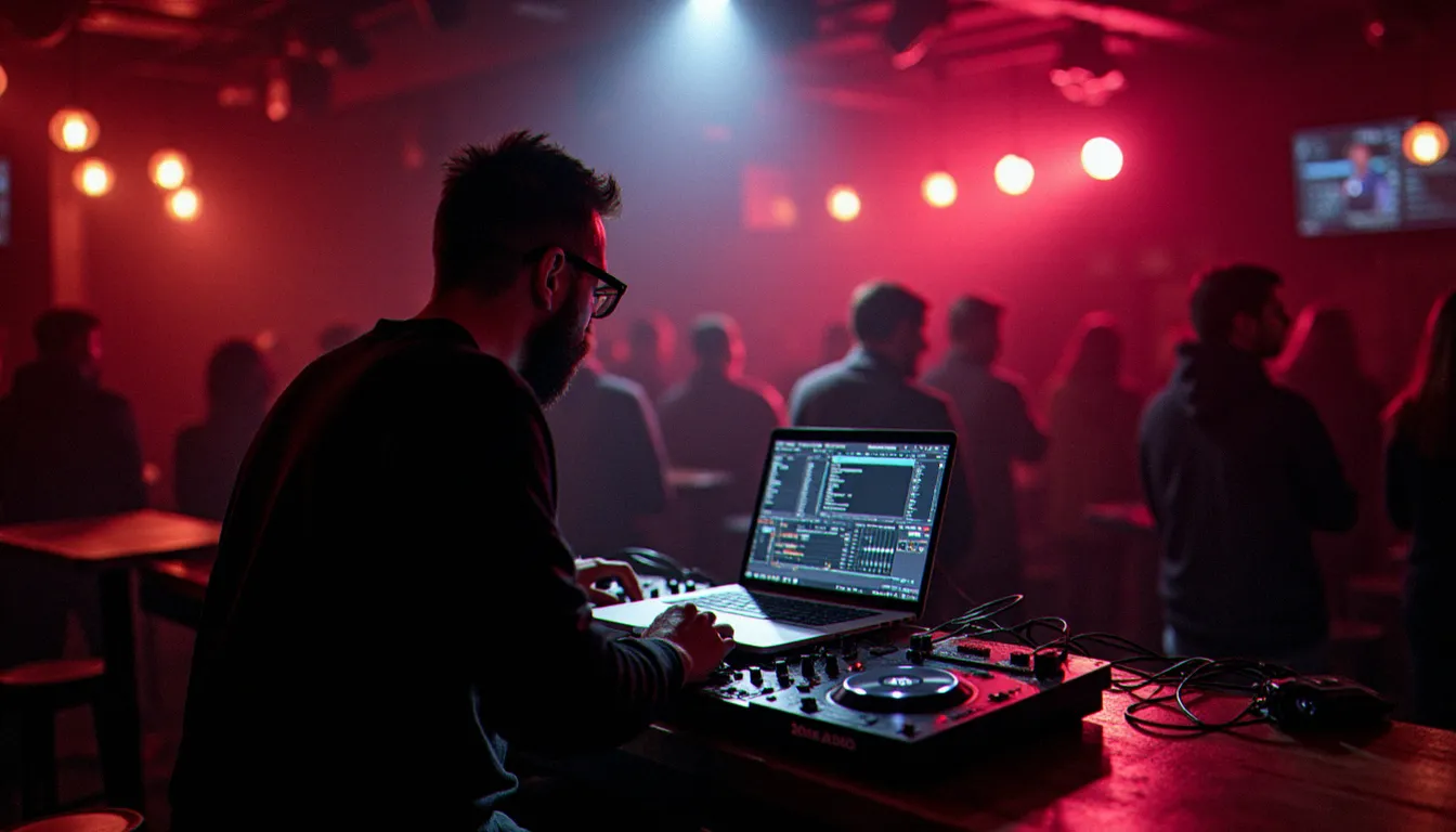 DJ en performance dans un bar avec un ordinateur portable et une application DJ gratuite visible sur l'écran, ambiance club intime