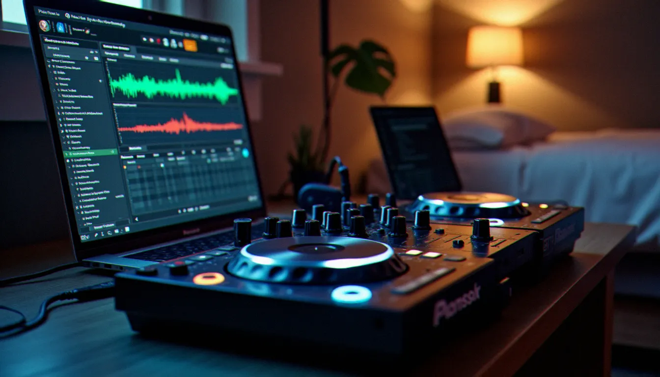 Contrôleur Pioneer DDJ connecté à un ordinateur portable affichant le logiciel Serato DJ Lite, configuration studio chambre pour apprendre le mixage