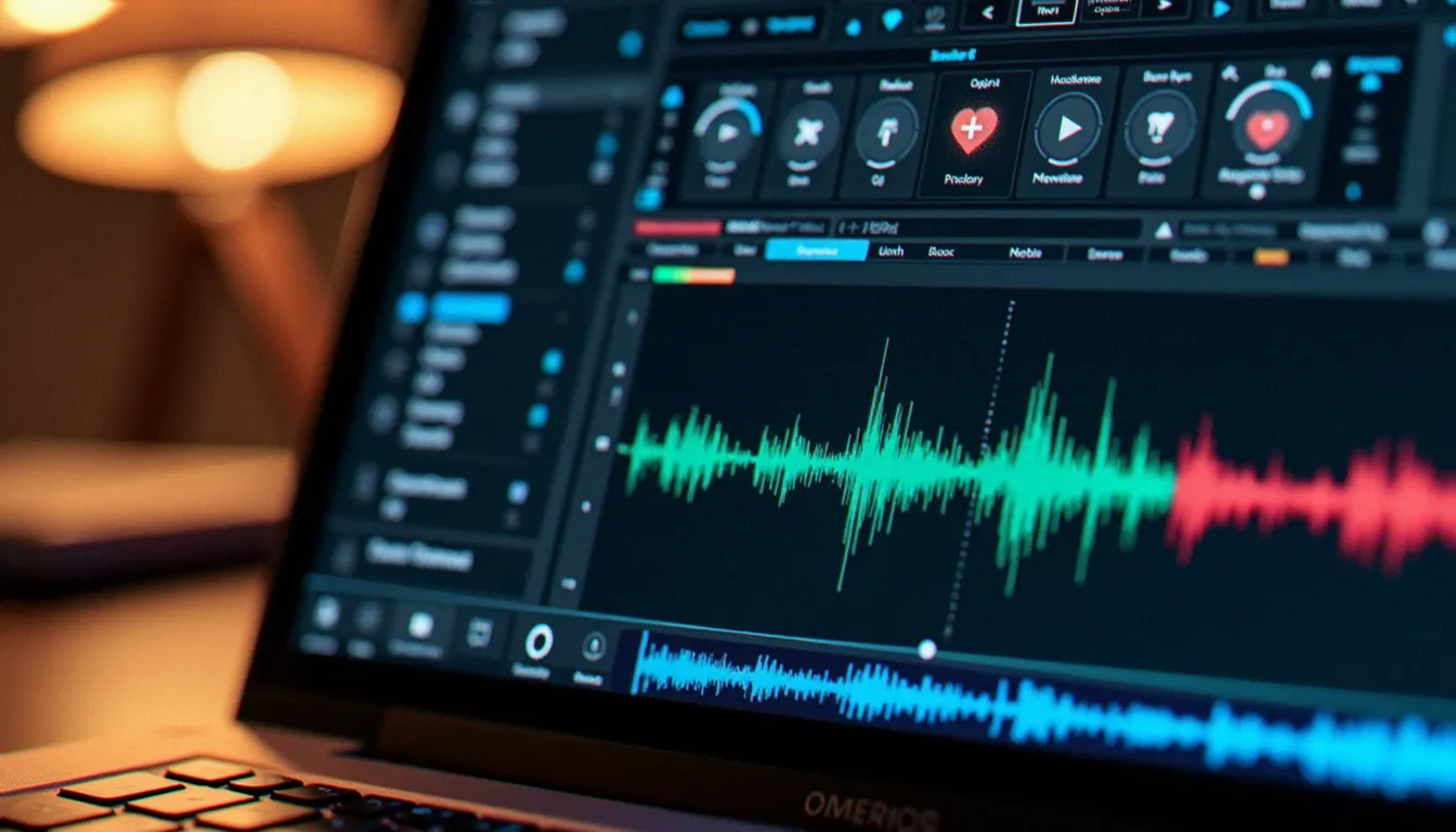 Écran d'ordinateur affichant l'interface d'un logiciel DJ avec panneau de navigation de bibliothèque musicale et intégrations de services de streaming