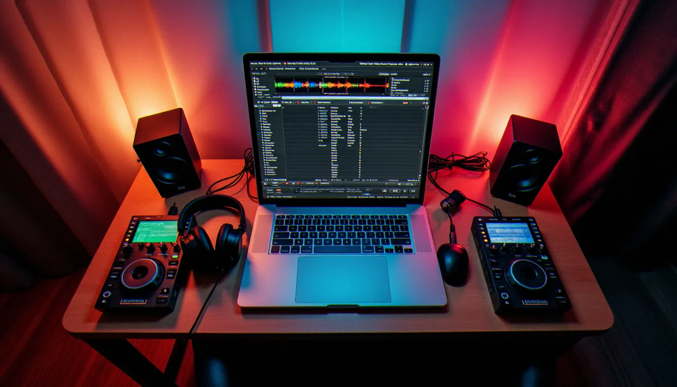 Vue aérienne d'un setup DJ home studio avec ordinateur portable, interface audio et disques durs contenant une bibliothèque musicale locale pour mix professionnel