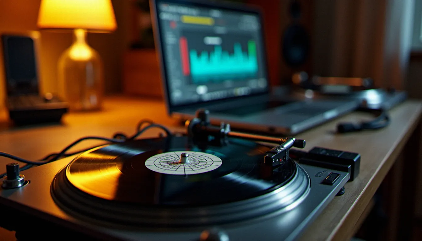Platines vinyle connectées à un ordinateur portable exécutant un logiciel DJ open source avec timecode vinyl dans un studio home