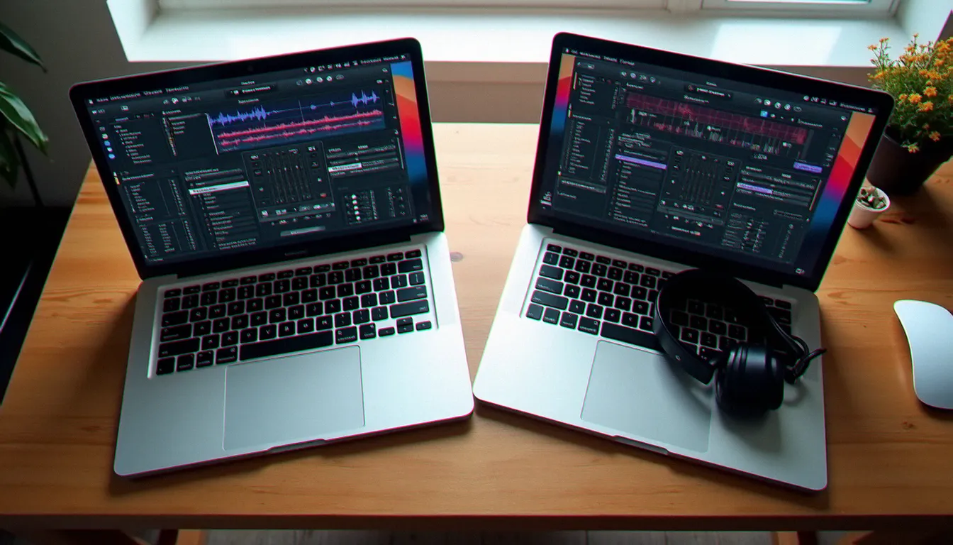 Comparaison côte à côte d'un logiciel DJ open source et d'un logiciel DJ commercial sur deux ordinateurs portables posés sur un bureau en bois
