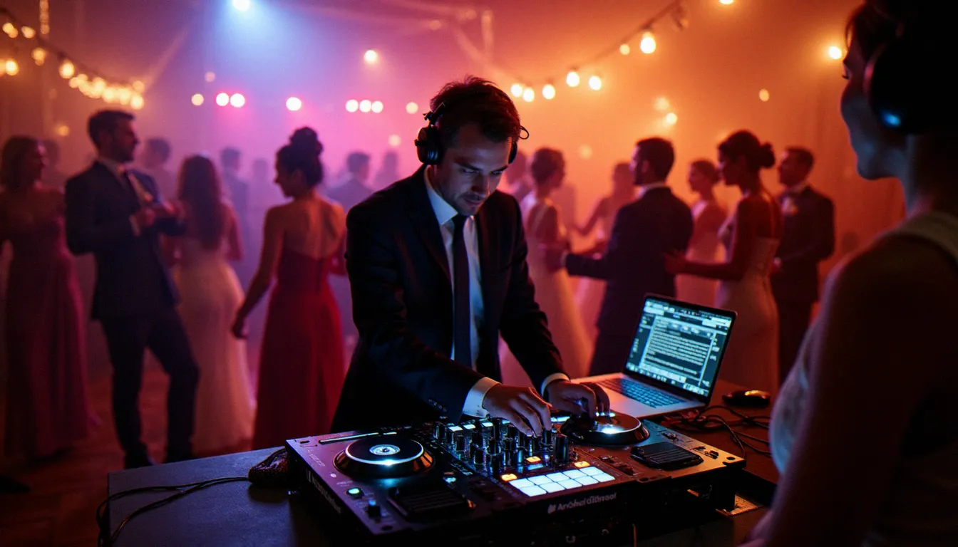 DJ mixant en direct lors d'une soirée de mariage animée, invités sur la piste de danse sous des éclairages chaleureux