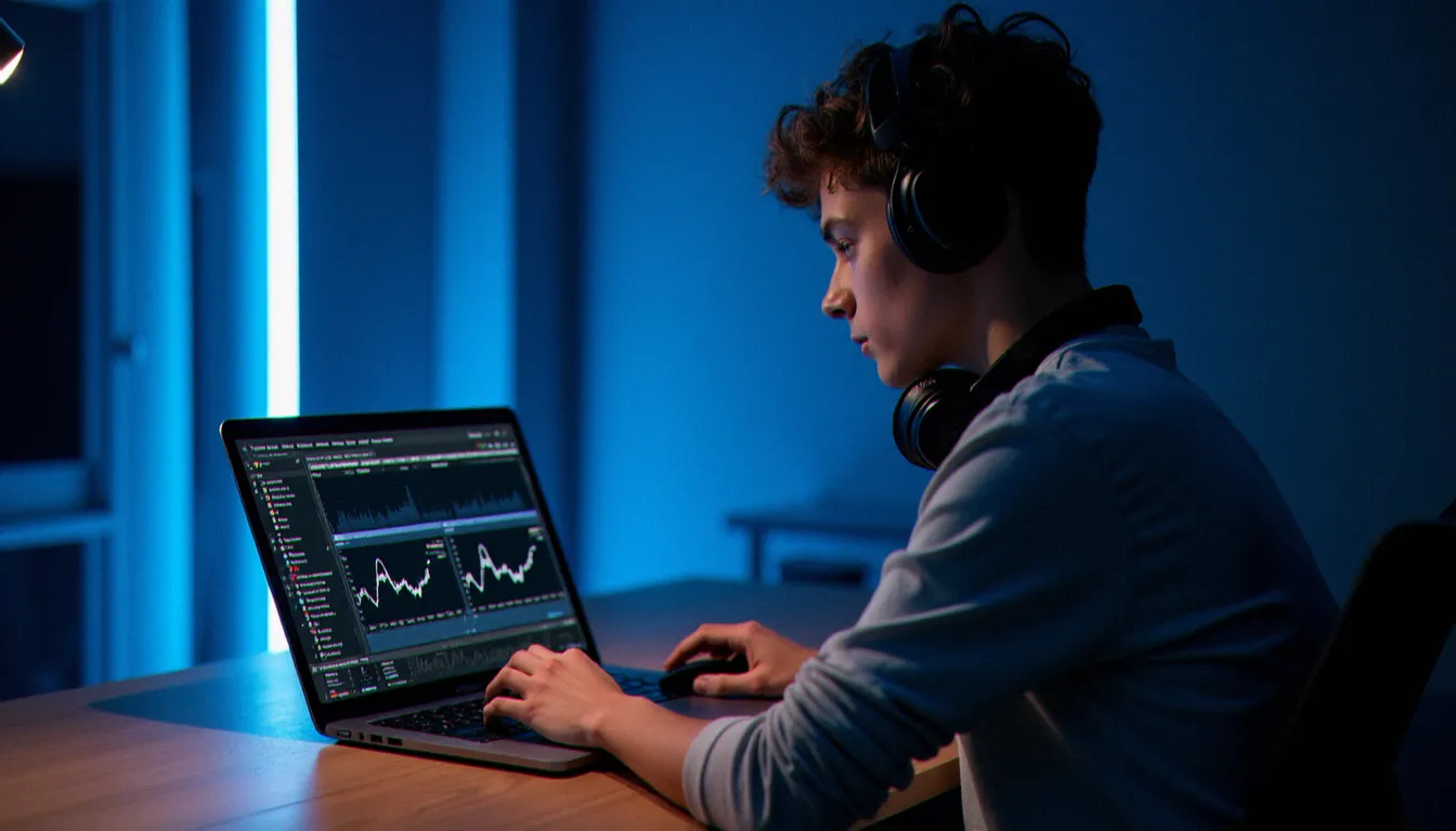 DJ utilisant un logiciel DJ sans contrôleur sur laptop avec clavier et souris dans un studio minimaliste