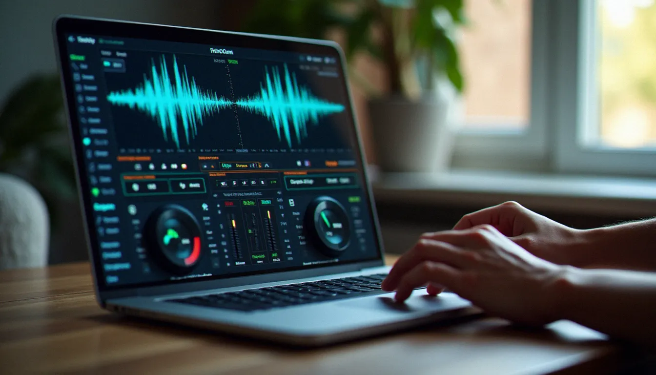 Écran d'ordinateur affichant l'interface d'un logiciel DJ avec deux pistes waveform colorées et un mixeur, mains sur le clavier