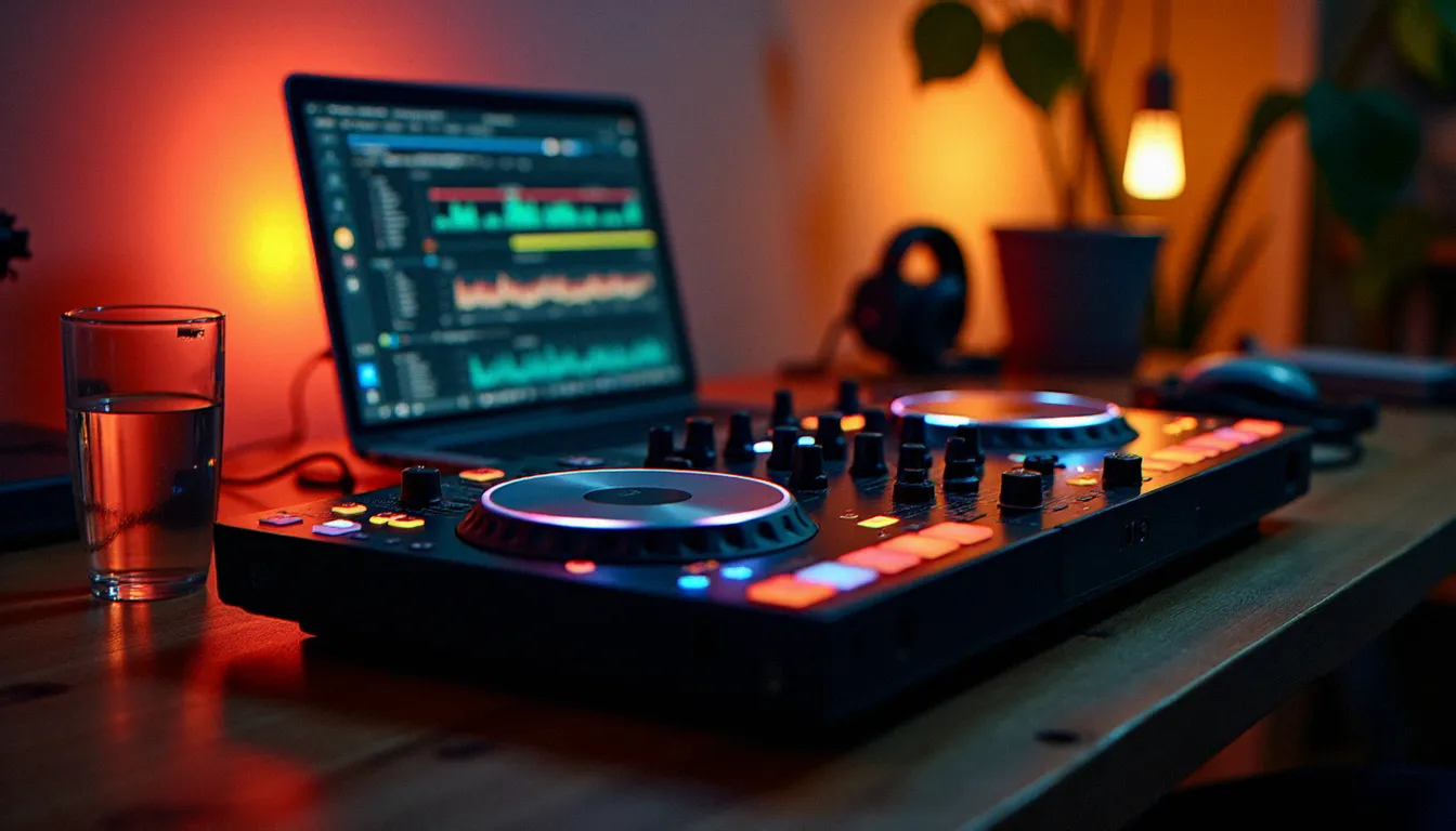 Contrôleur DJ branché sur un ordinateur portable dans un espace de mixage à domicile avec casque audio, ambiance studio tamisée