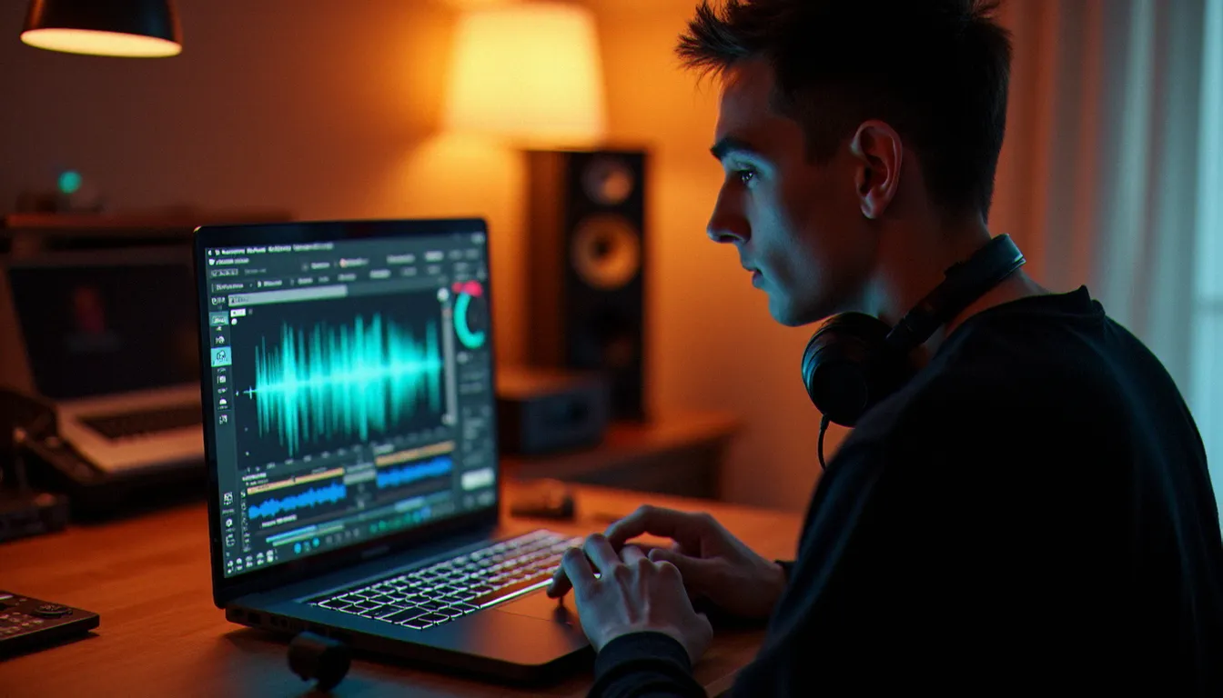 Un DJ débutant utilisant un logiciel DJ simple à utiliser sur ordinateur portable avec contrôleur, dans un studio maison éclairé chaleureusement