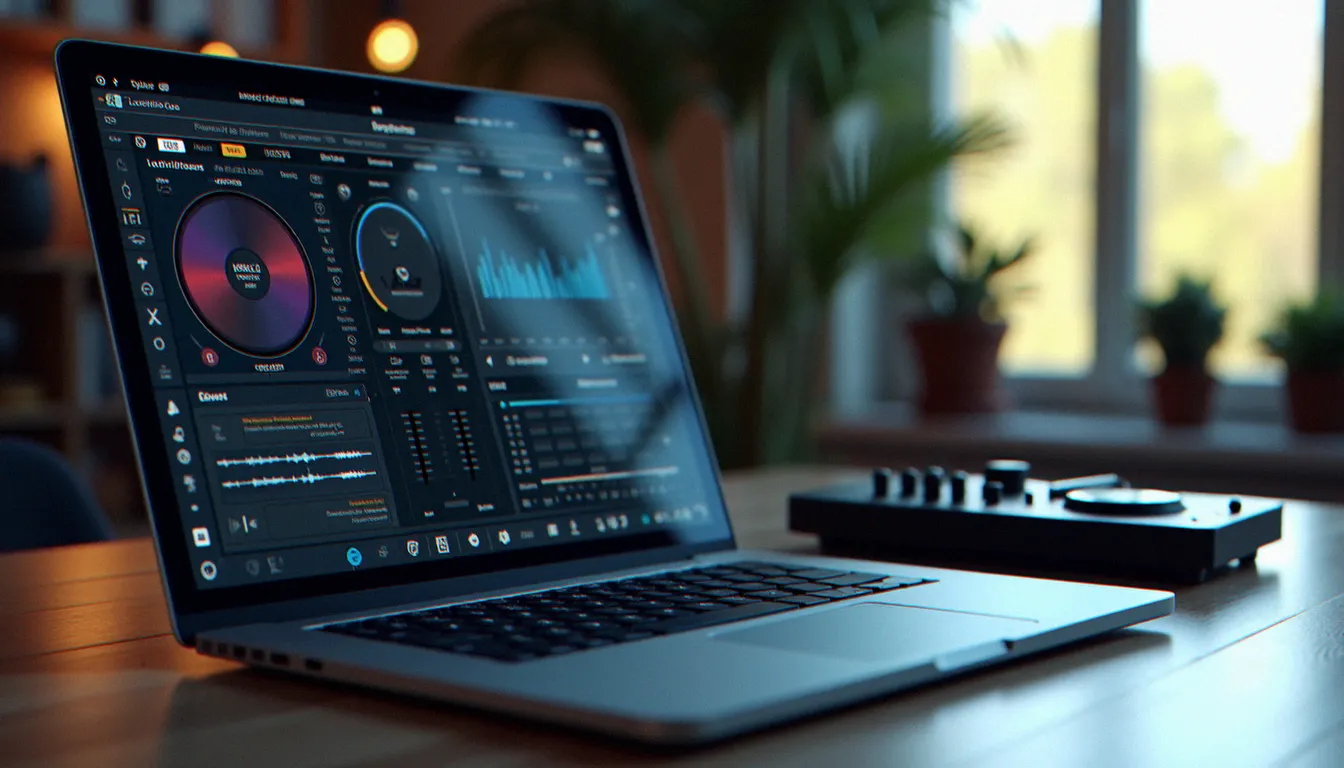 Écran d'ordinateur affichant un logiciel de mixage musique gratuit avec quatre decks virtuels et des formes d'onde colorées sur un bureau moderne