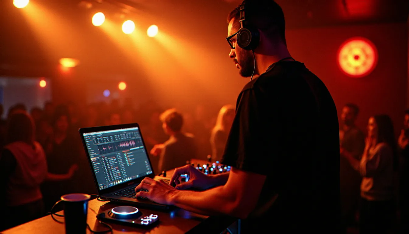 DJ en set live dans un bar lyonnais utilisant un logiciel de mixage sur laptop avec un contrôleur compact sur la régie, éclairage ambiant chaud
