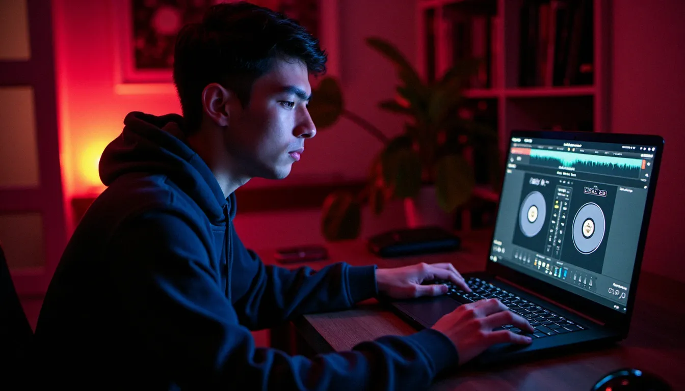 DJ débutant utilisant un logiciel mixage musique gratuit sur ordinateur portable dans un home studio à Lyon, avec des vinyles en arrière-plan